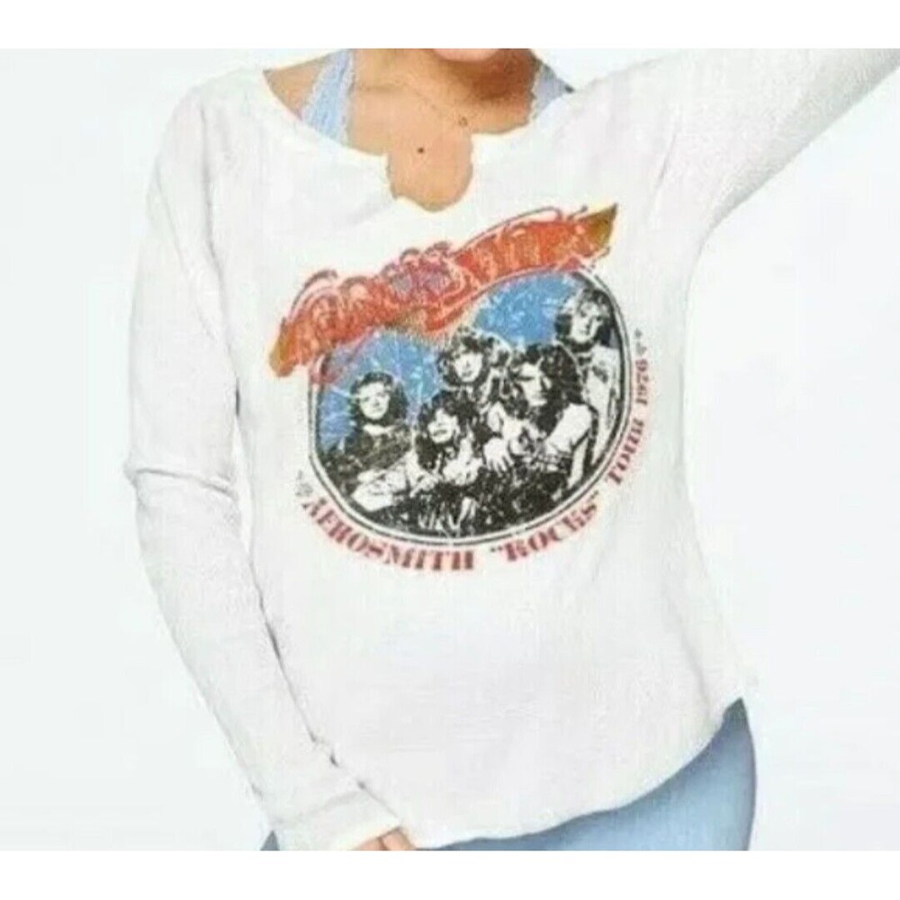KNIT RIOT AEROSMITH RETRO LONG SLEEVE BAND WAFFLE TEE WOMEN'S SZ S